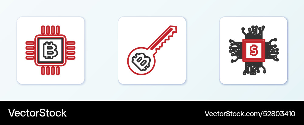 Set line cpu mining farm and cryptocurrency key vector image
