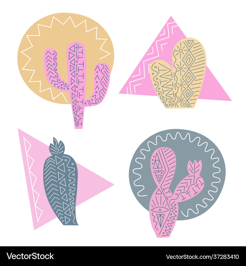 Set stylish simple cactuses on abstract Vector Image