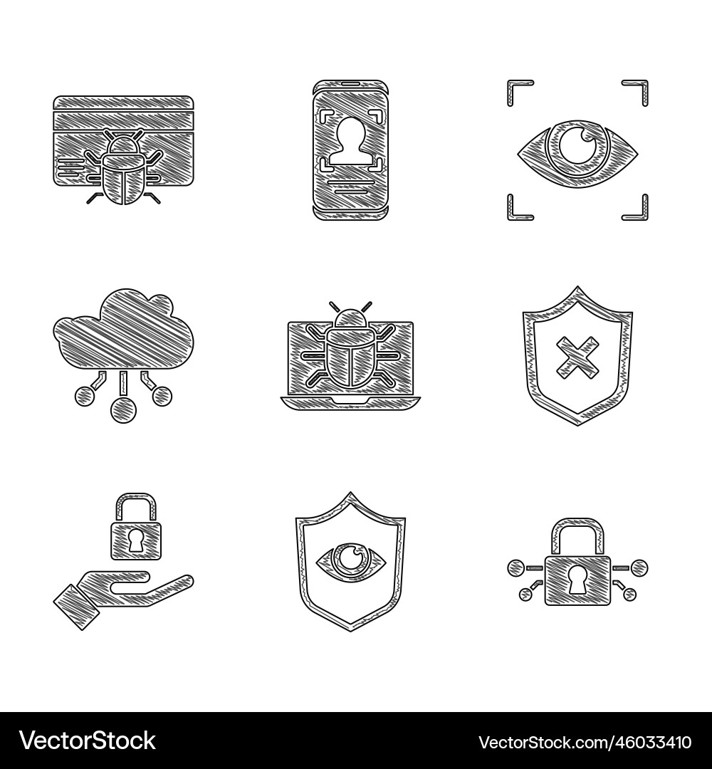 Set system bug on monitor shield and eye cyber Set system bug on monitor shield and eye cyber vector image