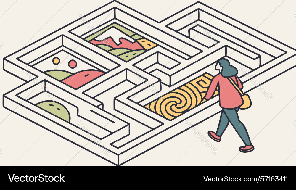Person navigating a complex abstract maze design vector image