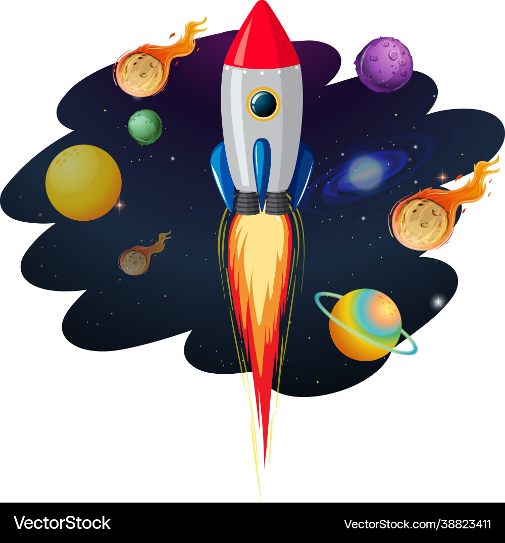 Rocket ship with many planets and asteroids Rocket ship with many planets and asteroids vector image
