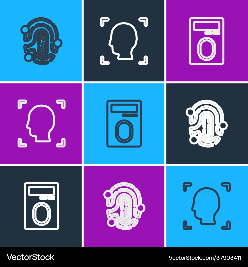 Set line fingerprint with lock and face Set line fingerprint with lock and face Vector Image