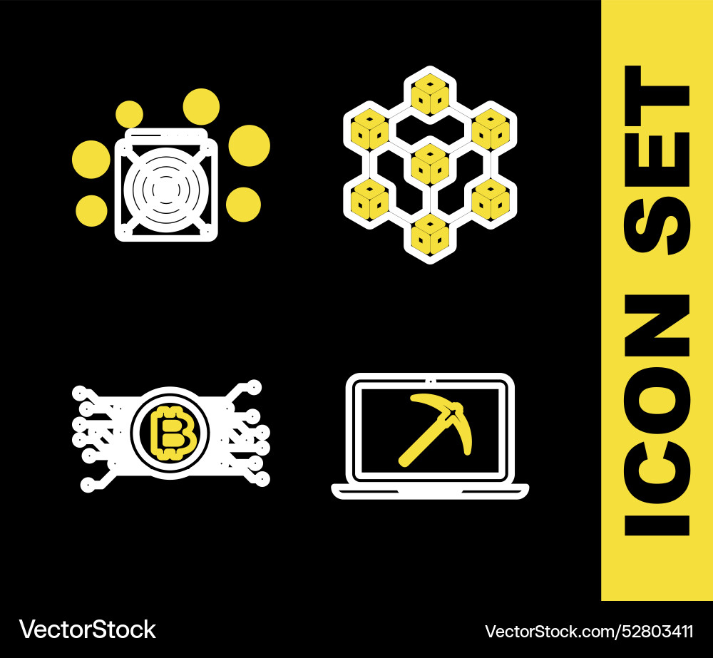 Set Linie Blockchain-Technologie Bergbau mit Laptop vektorbild