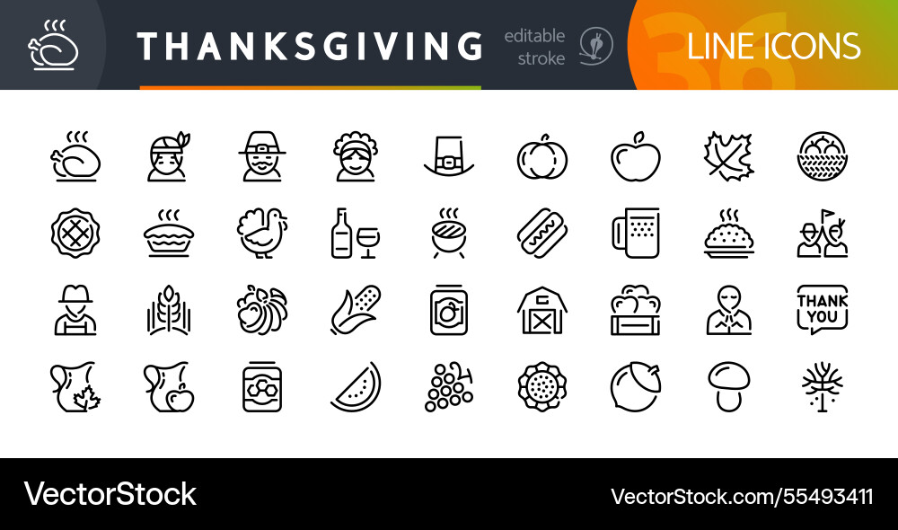 Thanksgiving line icons set with editable stroke Vector Image