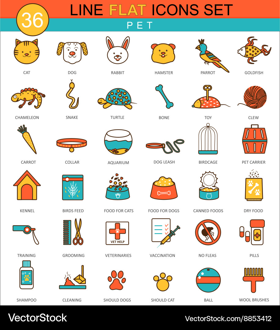 Animal Pet Icon Set - Flat Line Style Vector Image