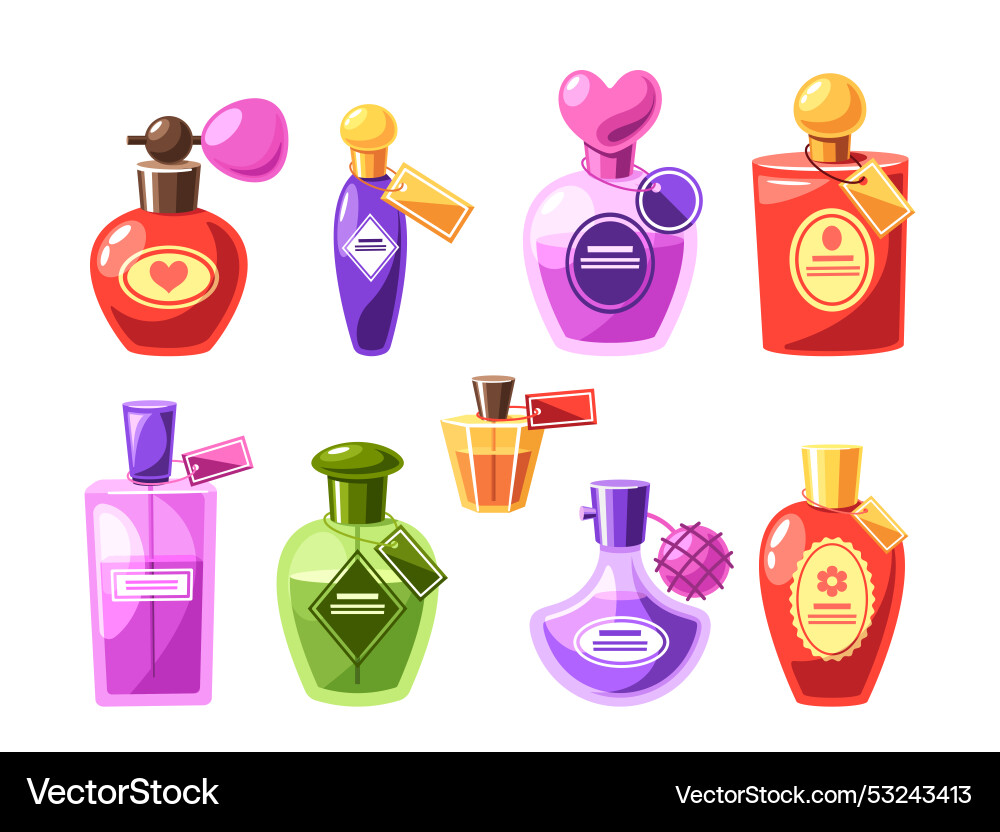 Array of perfume bottles in various colors Array of perfume bottles in various colors vector image