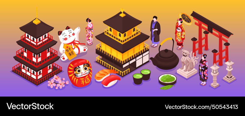 Japanese culture isometric composition Japanese culture isometric composition vector image