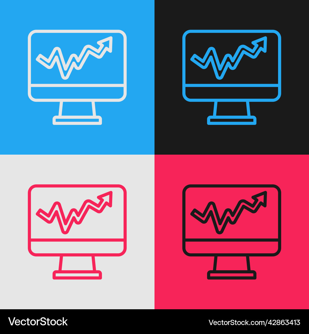 Pop art line computer monitor with graph chart vector image