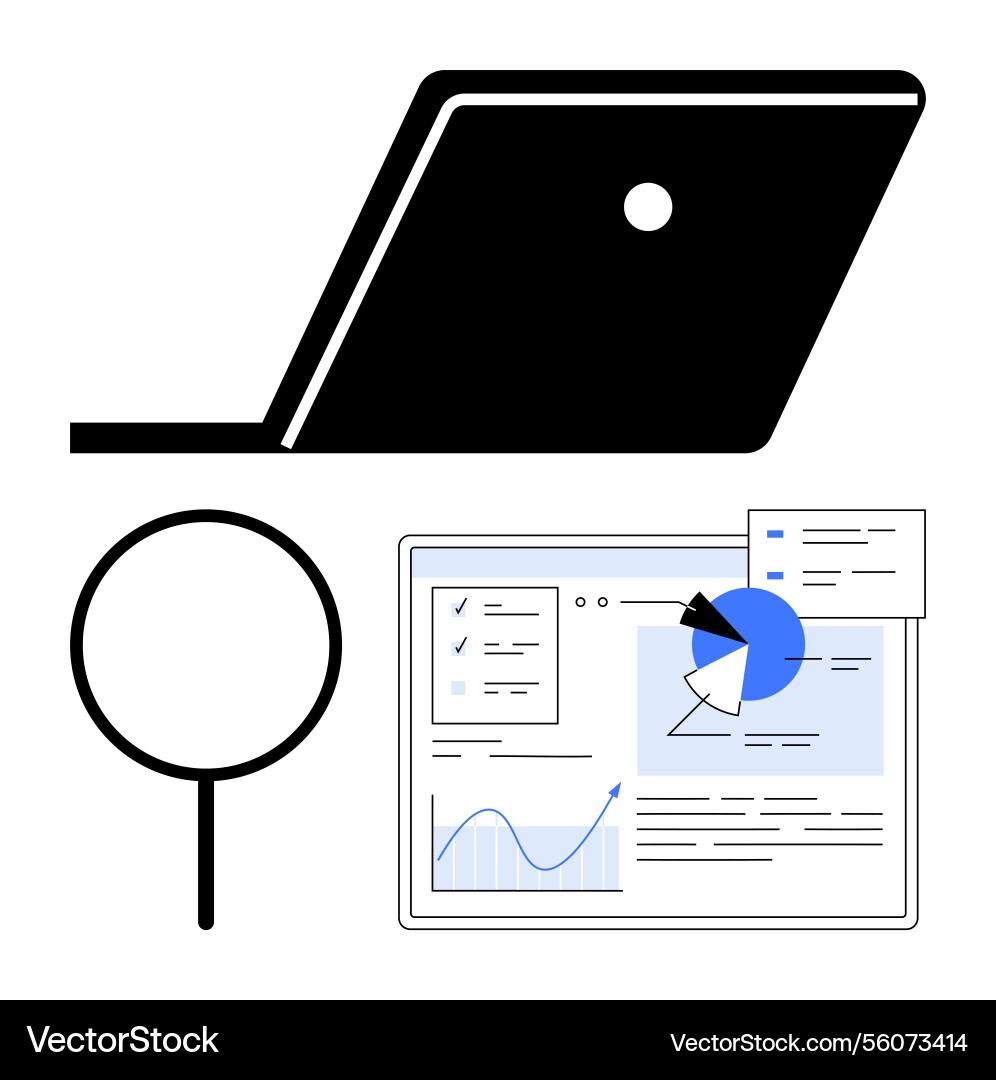 Data analysis process with laptop magnifying Data analysis process with laptop magnifying vector image