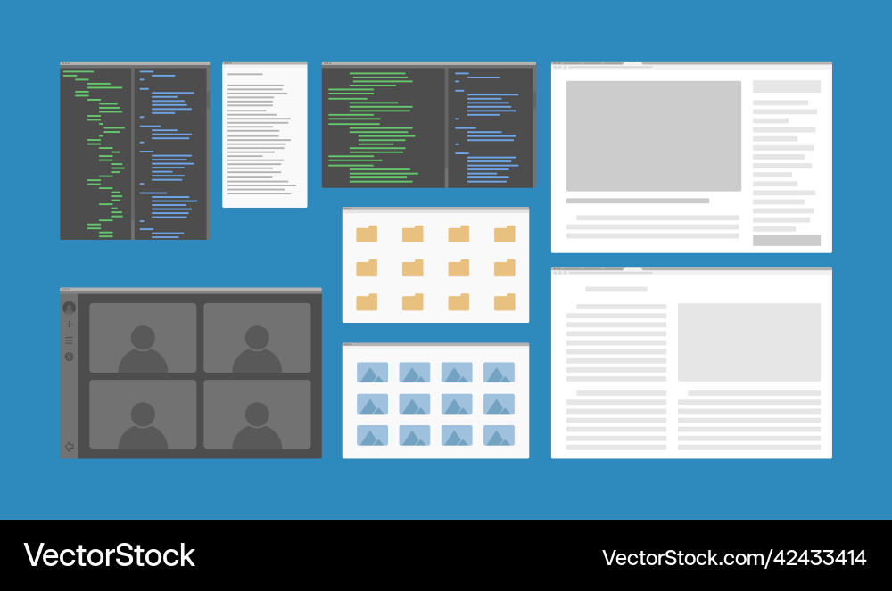 Desktop app window set programming browser video Desktop app window set programming browser video vector image