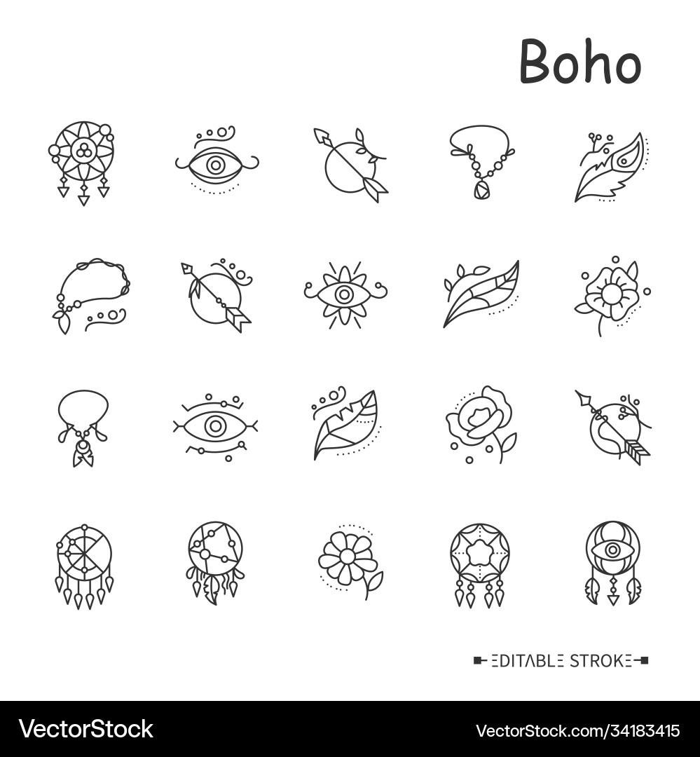 Boho elements line icons set editable Boho elements line icons set editable vector image
