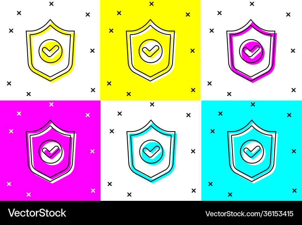 Set shield with check mark icon isolated on color Set shield with check mark icon isolated on color vector image