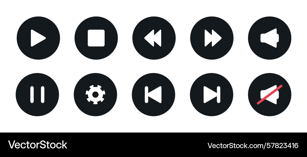 Media player button in black round shape icon set Media player button in black round shape icon set Vector Image