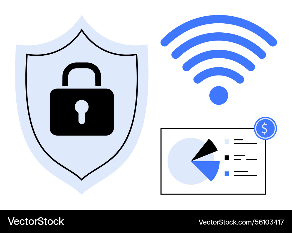 Cybersecurity concept featuring shield with lock Cybersecurity concept featuring shield with lock Vector Image