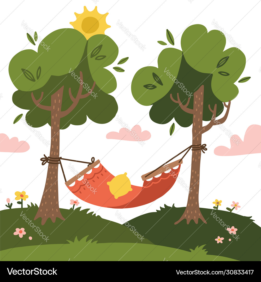 Empty red summer hammock with trees Empty red summer hammock with trees vector image