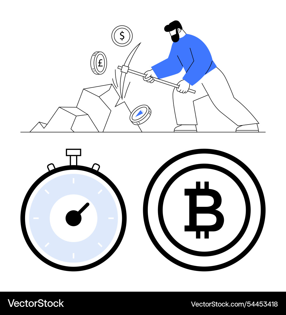 Worker mining cryptocurrency with pickaxe and time Worker mining cryptocurrency with pickaxe and time vector image