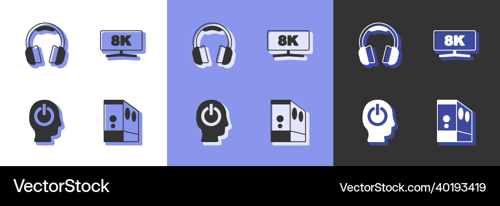 Set case of computer headphones power button Set case of computer headphones power button Vector Image