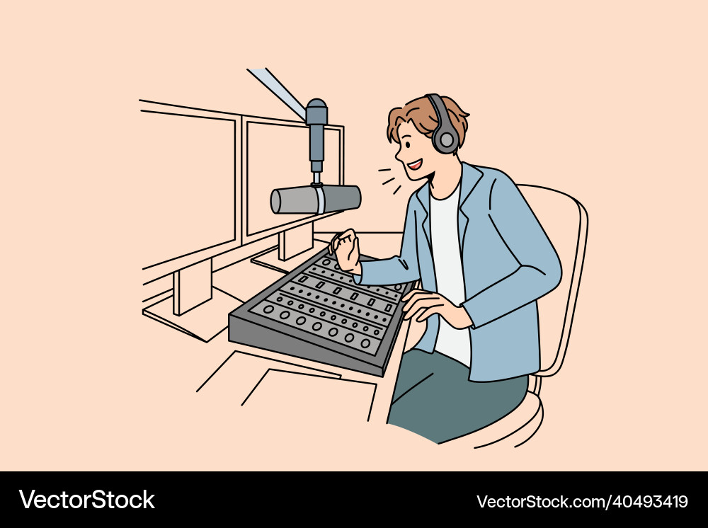 Smiling radio host talk on microphone in air Smiling radio host talk on microphone in air Vector Image