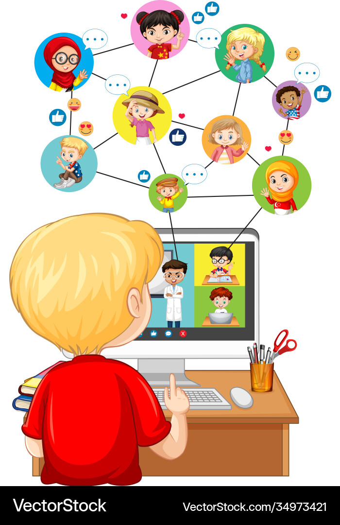 Back view boy looking at computer for online Back view boy looking at computer for online vector image