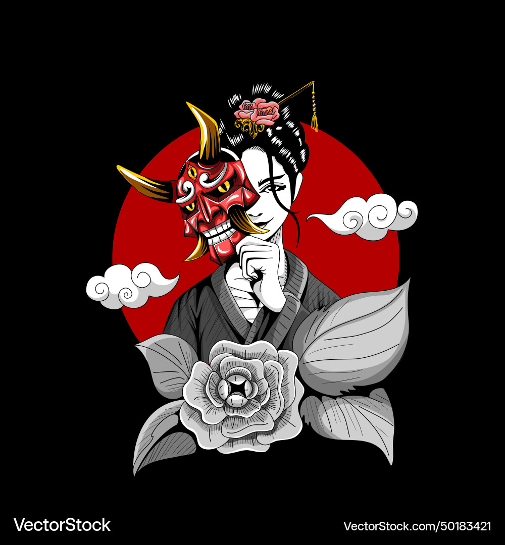 Geisha holding oni mask – Royalty-Free Vector | VectorStock, image size:1000x1080