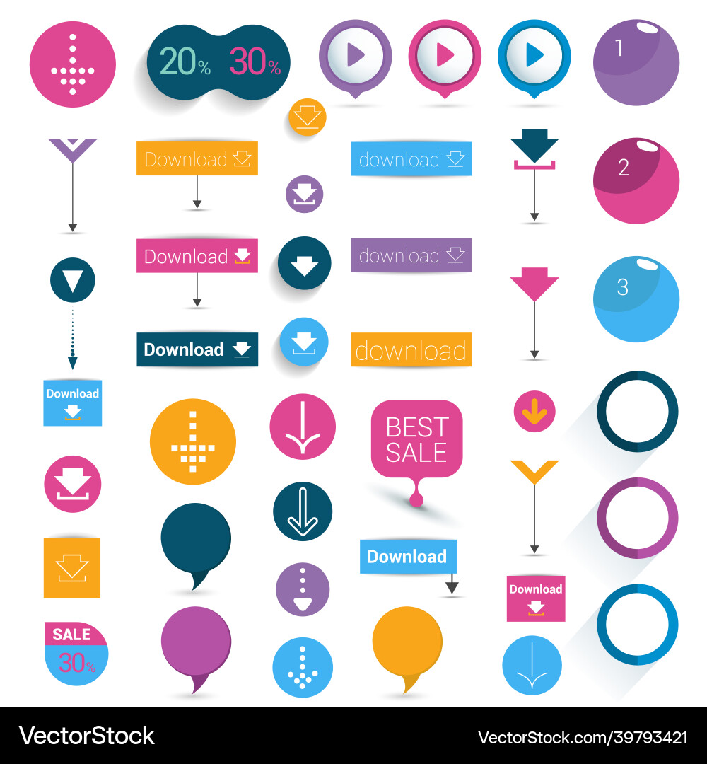Set of buttons colorful shapes arrows pictograph Set of buttons colorful shapes arrows pictograph vector image