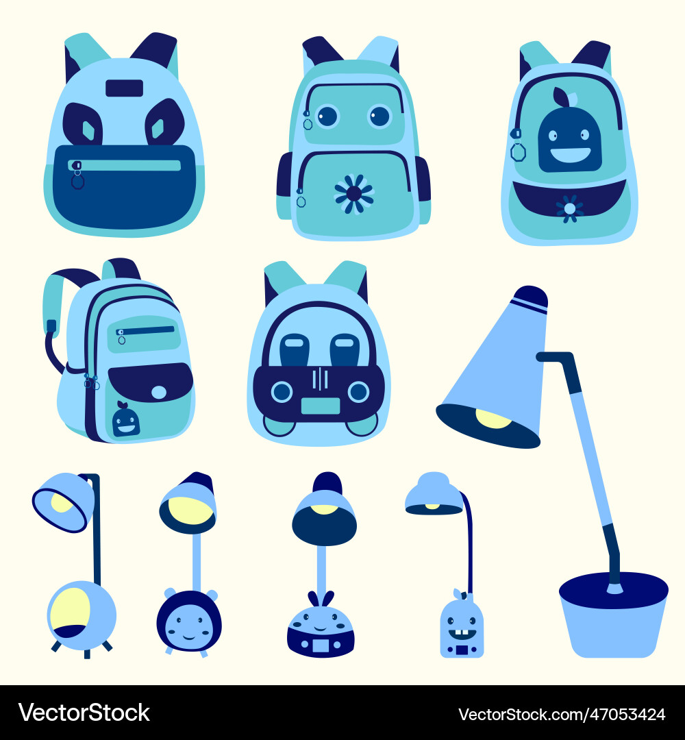 Blaue Schultasche und Studienlampe Sammlung Blaue Schultasche und Studienlampe Sammlung vektorbild