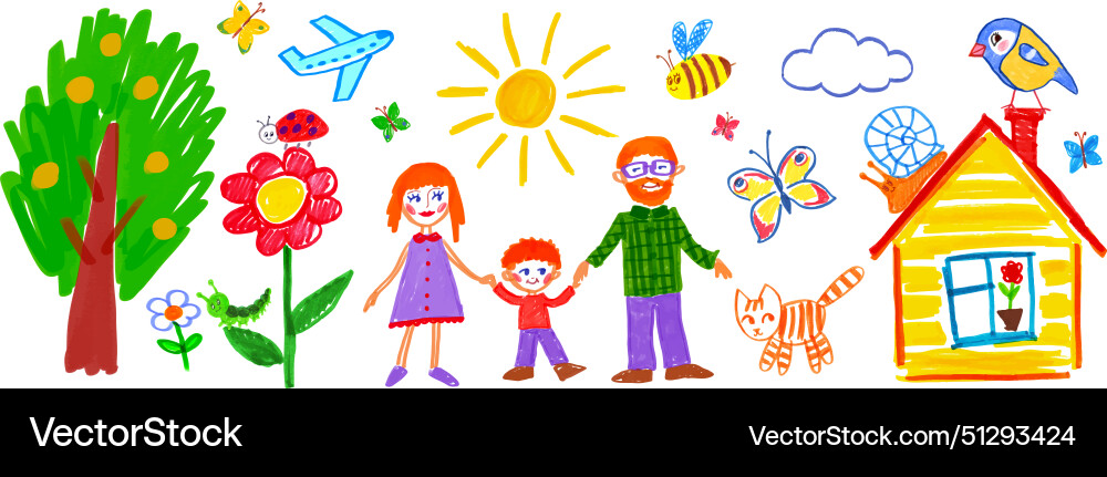 Child drawing of family and house background vector image