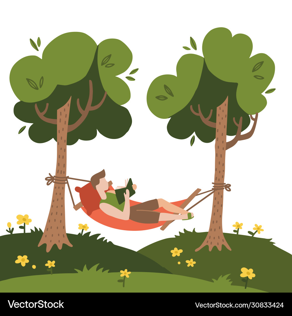 Man lying in a hammock and reading book Man lying in a hammock and reading book vector image