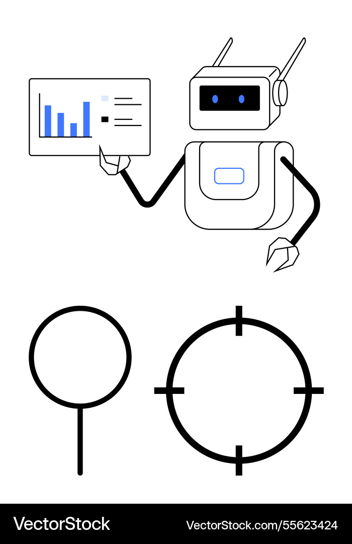Robot presenting data on screen with graph Robot presenting data on screen with graph vector image