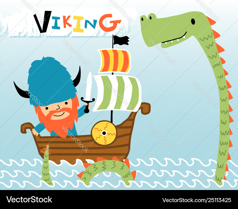 Cartoon Viking Sailor with Sea Monster Vector Image