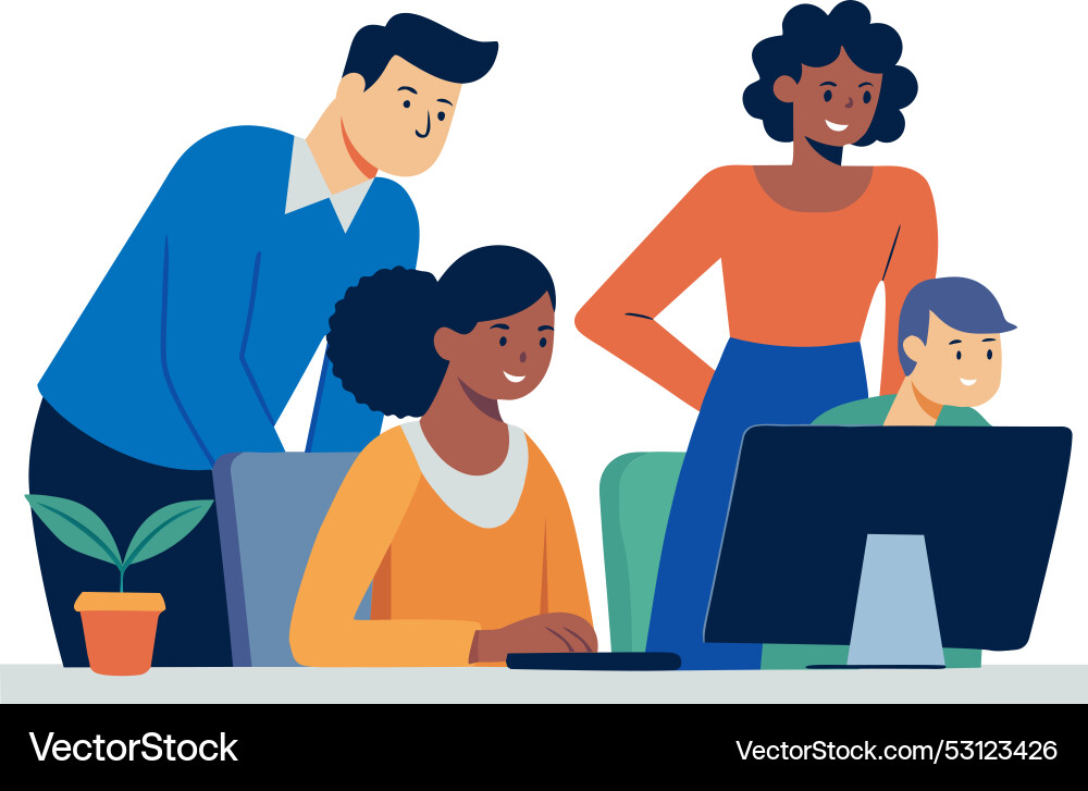 Diverse team brainstorming with computer Vector Image