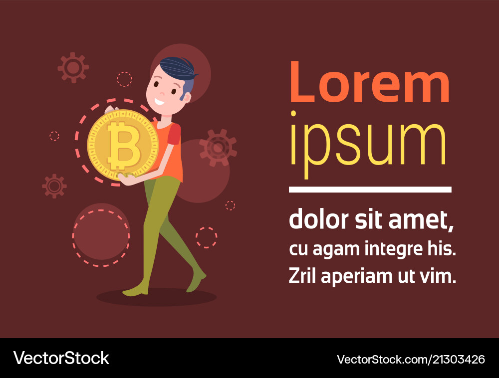 Smiling man character holding bitcoin mining Vector Image