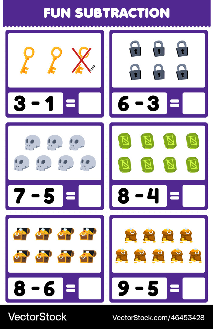 Bildung Spiel für Kinder Spaß Subtraktion Bildung Spiel für Kinder Spaß Subtraktion vektorbild