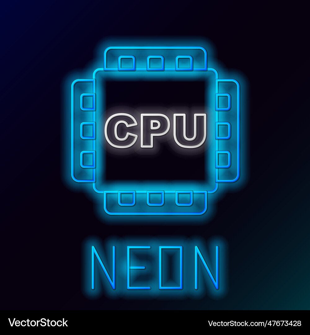 Glowing neon line computer processor Glowing neon line computer processor vector image