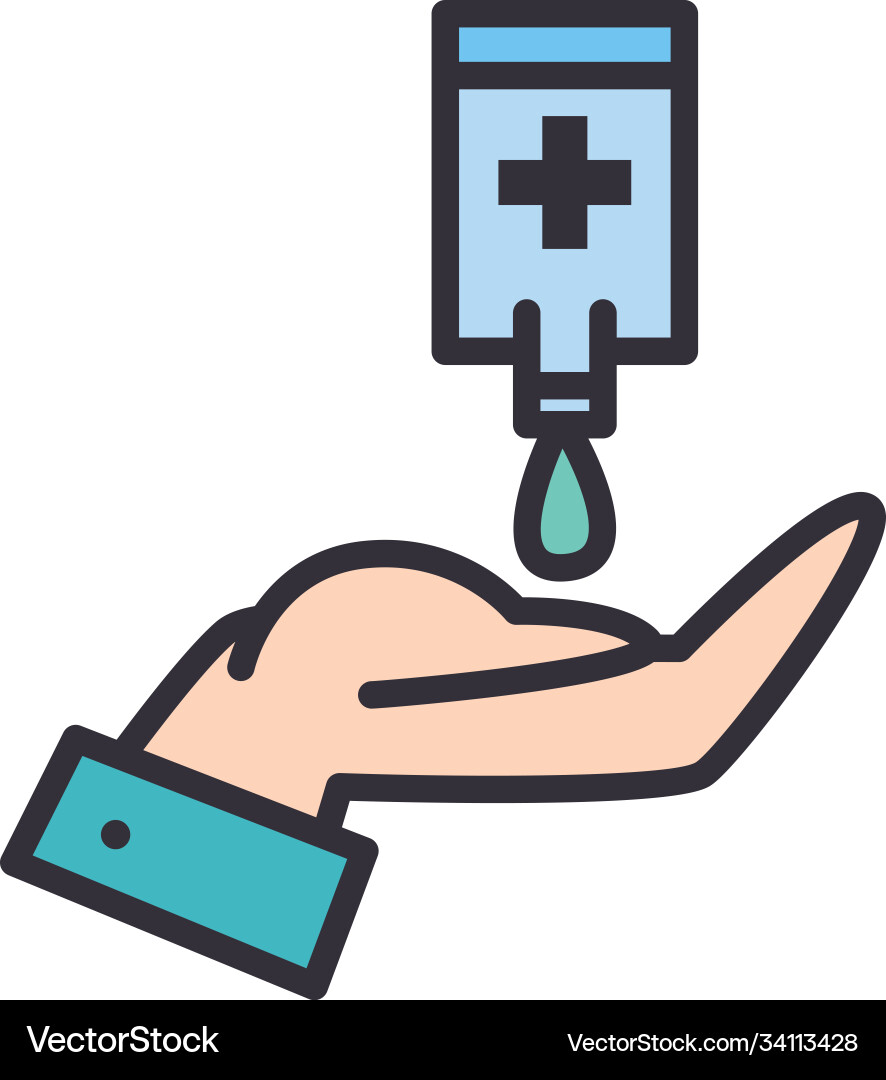 Hand and sanitizer bottle with drop line fill vector image