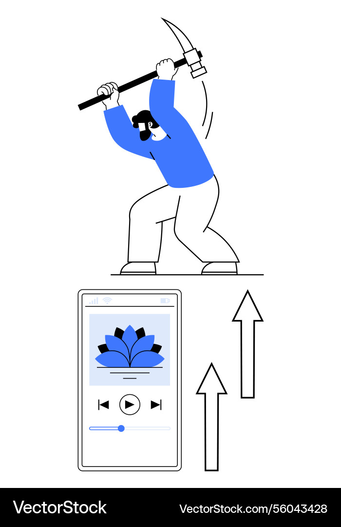 Person mining with pickaxe above media player Person mining with pickaxe above media player Vector Image