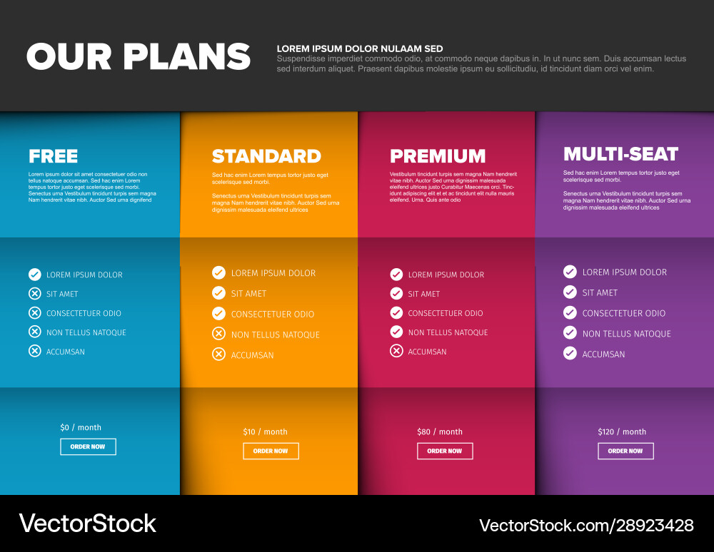 Products versions feature and price list table Products versions feature and price list table vector image