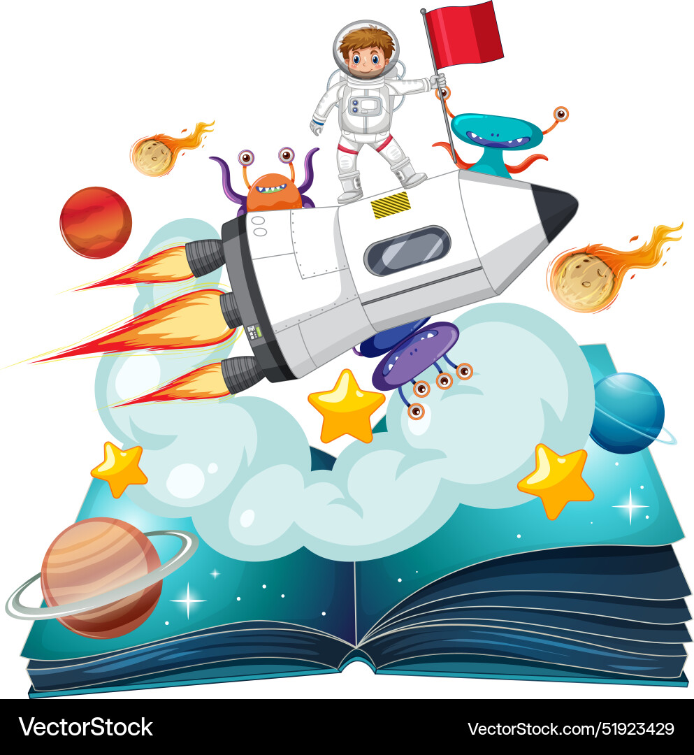 Astronaut exploring space from an open book Vector Image