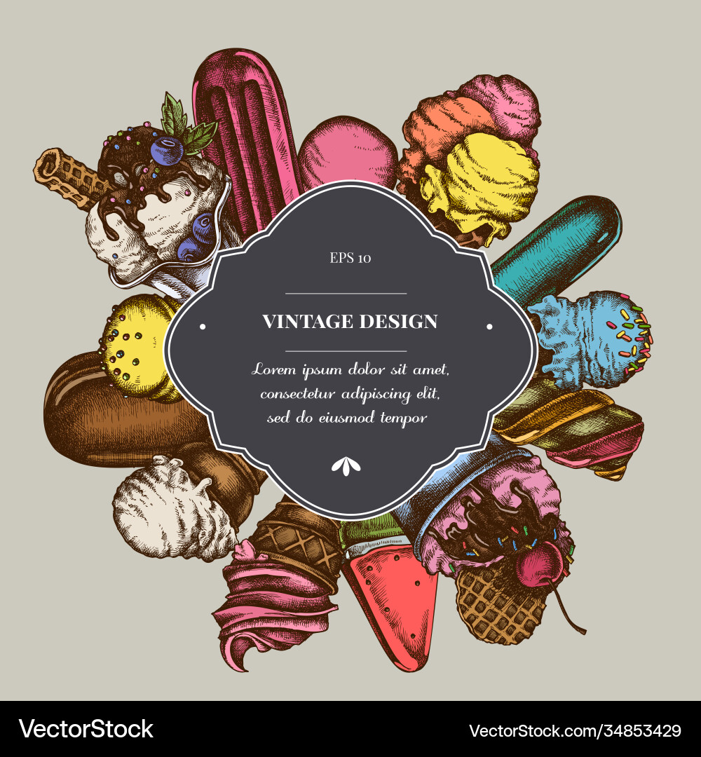 Badge over design with ice cream bowls popsicle Vector Image