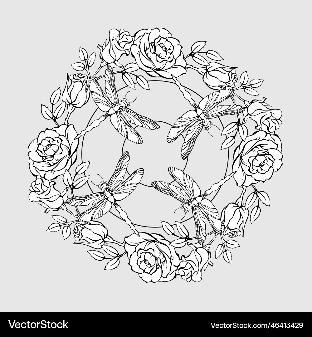Floral mandala with dragonflies and roses Floral mandala with dragonflies and roses vector image