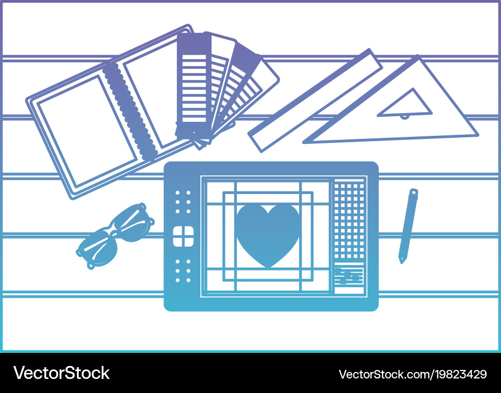 Notebook and ruler tools tablet digitizer over vector image