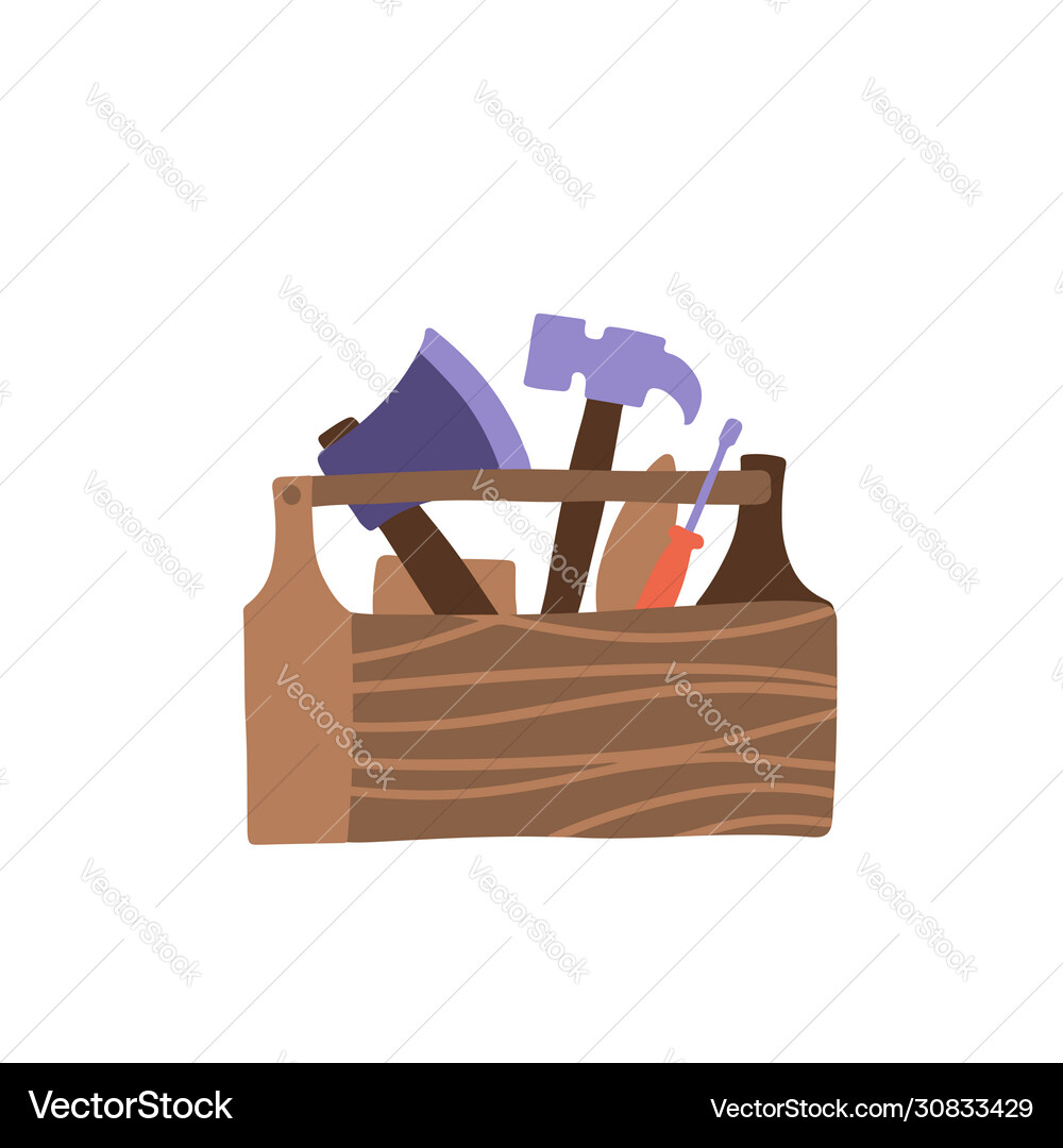 Old wooden hardware tools box with instruments Old wooden hardware tools box with instruments Vector Image