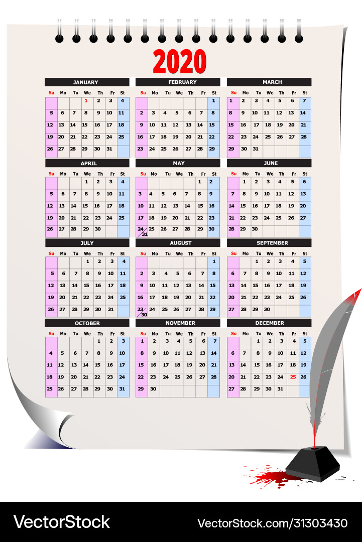 2020 calendar with ink image vector image