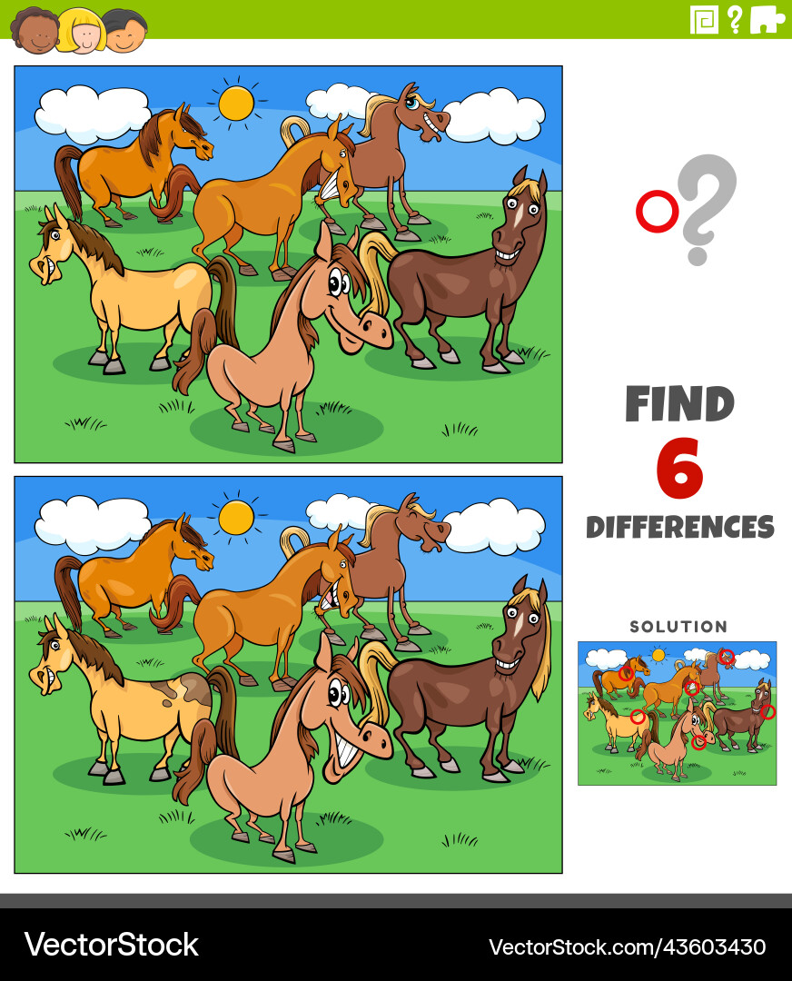 Differences game with cartoon horse characters Differences game with cartoon horse characters vector image