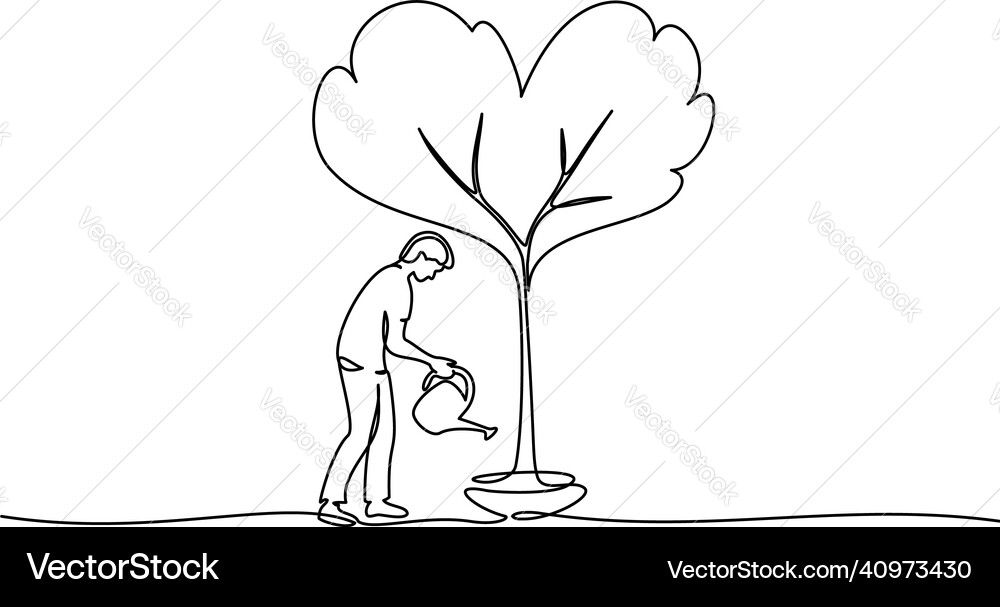 Man watering tree in form of heart continuous one vector image