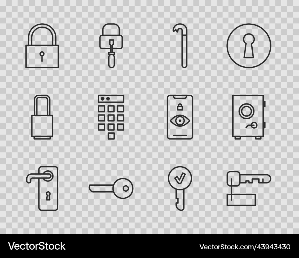Set line door handle marked key crowbar lock Set line door handle marked key crowbar lock vector image