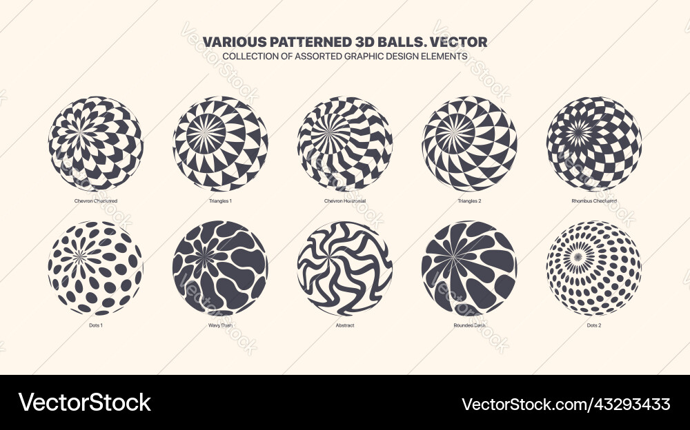 Assorted patterned 3d spheres in tilted position Assorted patterned 3d spheres in tilted position vector image