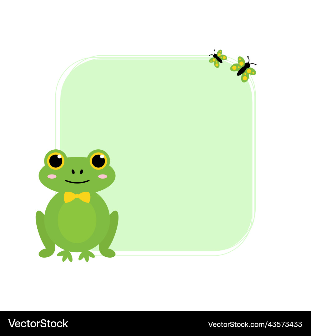 Square frame with green frog character and butterf Square frame with green frog character and butterf vector image