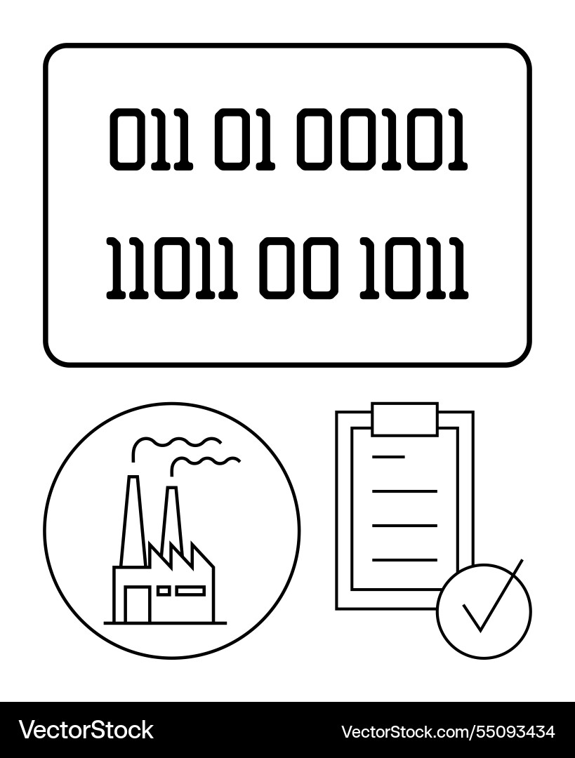 Binary code factory icon and checklist Binary code factory icon and checklist Vector Image