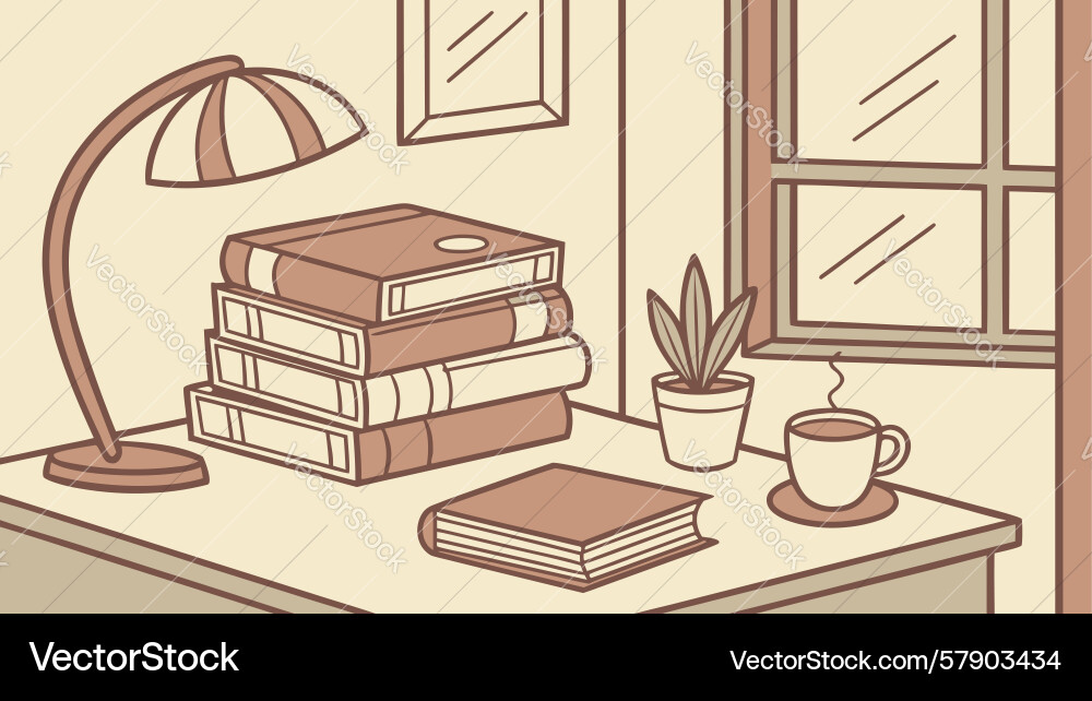 Cozy desk setup with lamp and stack of books Vector Image